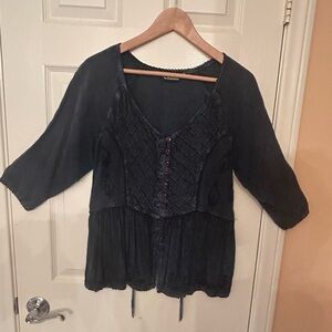 XCVI Navy Blouse with Embroidered Detail